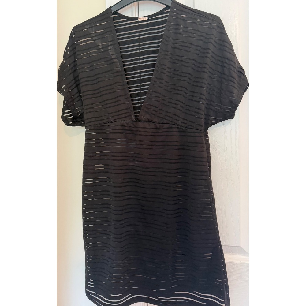 Black Sheer Burnout Stripe V-Neck Mini Dress Swim Cover-Up Short Sleeve Womens s